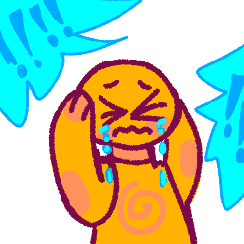  a distressed orange person crying and covering their ears. Surrounding them are spiky bubbles with exclamation marks, representing loud noises